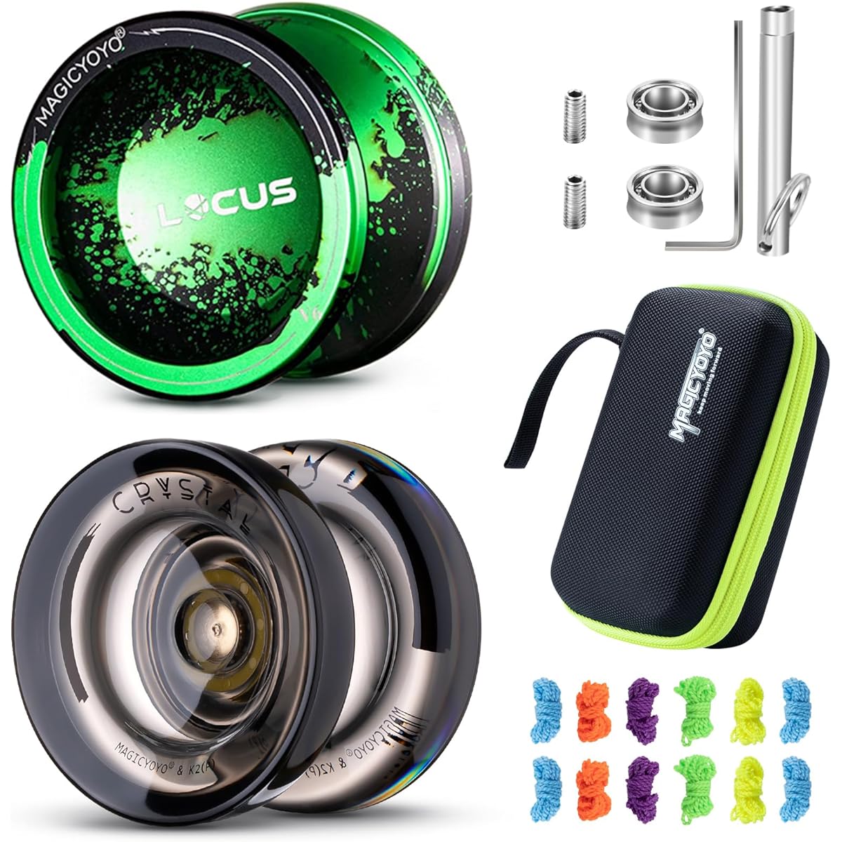 MAGICYOYO Professional Responsive Yoyo-yo 2 Pack for Beginners Metal Yoyo V6 + Plastic Yoyo K2 with Dual Function Yoyo Bearings for Adults 12 Yoyo Strings + Removal Tool