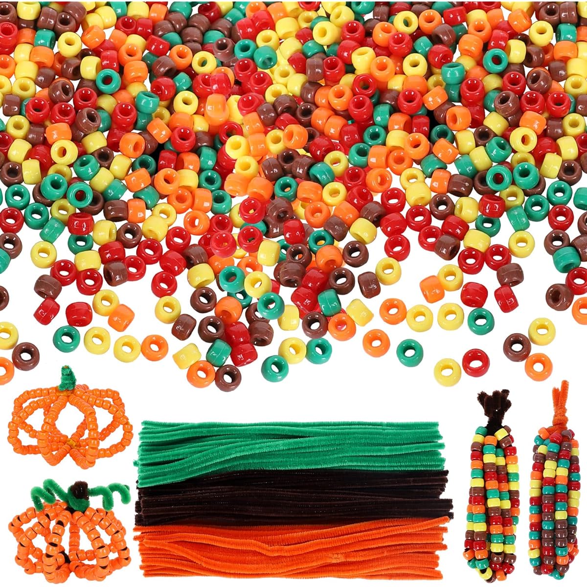 Whaline Autumn Pony Beads 1000 Pieces Chenille Stem Pipe Cleaners 100 Pieces 5 Colors Autumn Craft Beads Plastic Beads DIY Craft Necklace Bracelet Jewelry Making Supplies