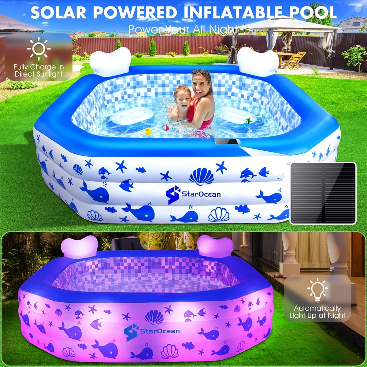 StarOcean Inflatable Pool with Lights 2024 Solar Inflatable Swimming Pool for Kids/Adults Explosive Pool with Remote Control and Pump Large Kids Pool with Seat & Backrest Backyard Kids Pool - 85"x85"x25"