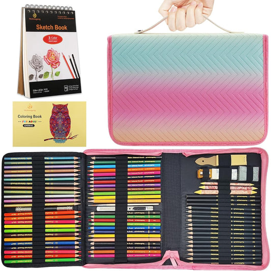 78 Pieces Drawing Kit Sketch Set Art Supplies 3 Color Sketchbook Coloring Book Colorful Portable Zipper Case with Color Graphite Charcoal Watercolor Metallic Pencils for Artists Adults Teens Beginners