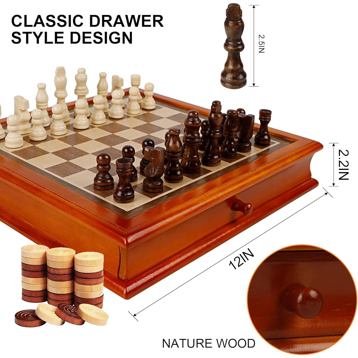 Juegoal 12" Wooden Chess & Checkers Set with Storage Drawer, Portable Board Game for Kids and Adults