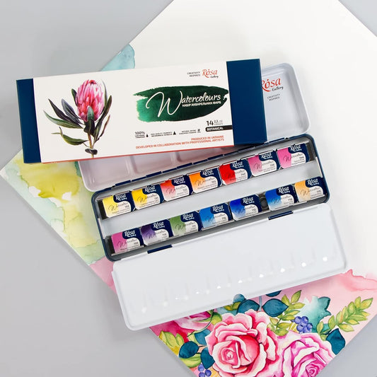 Rosa Gallery Watercolor Paint Set Botanical Unique Palette Full Pan 2.5ml Metal Case Extra Fine Professional Watercolor Paints (14 Full Pans)