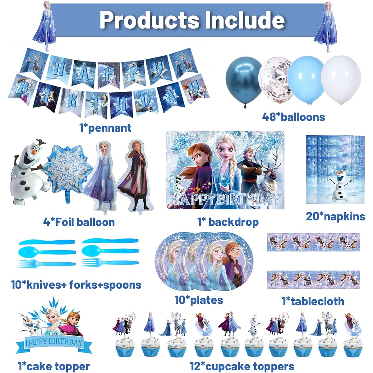 128 Piece Winter Party Supplies Set Pennants, Balloon Garlands, Cake Toppers, Plastic Swirls, Tableware, Paper Cups, Table Cloths, Backdrops for Girls and Boys Theme Party