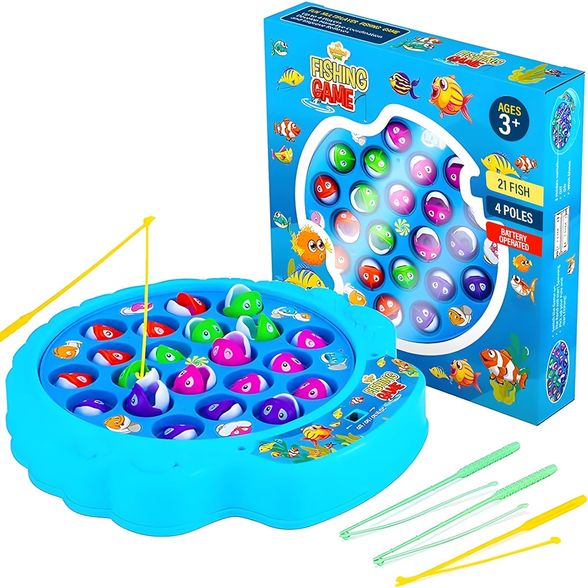 Fishing Game Playset with 21 Fish, 4 Poles, Spinning Board and On-Off Music for Family Kids Backyard Colorful Toy Game for Kids Toddlers Ages 3 4 5 6 7+ - Blue