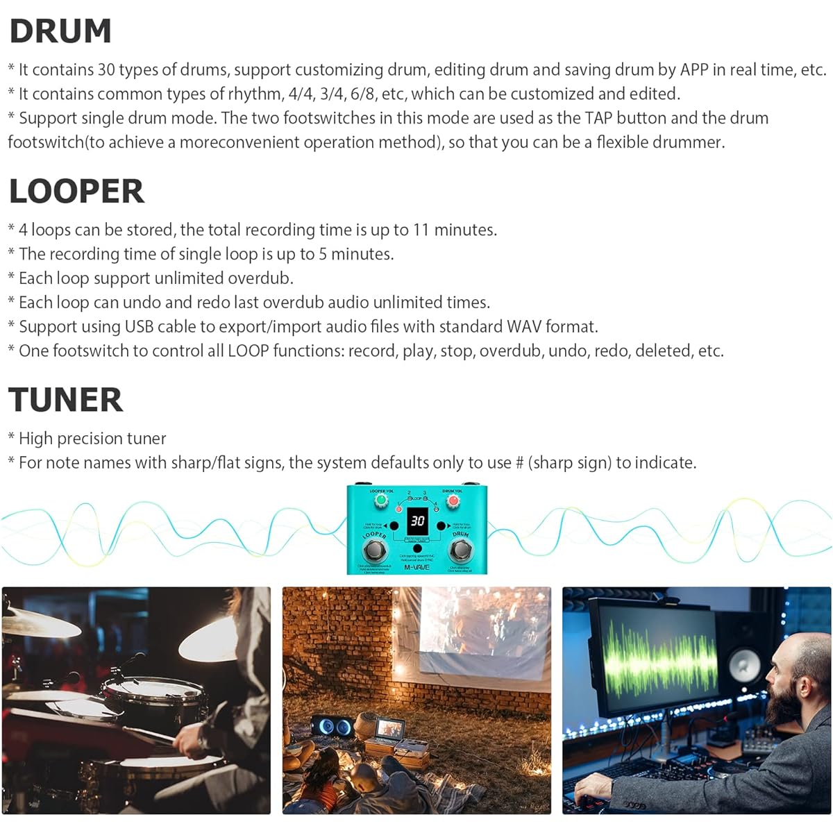 BUZHI Mini 2-in-1 Looper & Effect Pedal Drum Looper Effector Mini 2-in-1 Looper Drum Machine Double Footswitch Looper Pedal Looper Guitar Pedal 30 Drums 4 Loops High Precision Tuner Speed Adjustable
