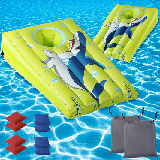 2 Piece Pool Cornhole Game Set Inflatable Shark Swimming Pool Toy Floating Toss Game Cornhole Board with Bean Bag Outdoor Beach Toys for Pool Party