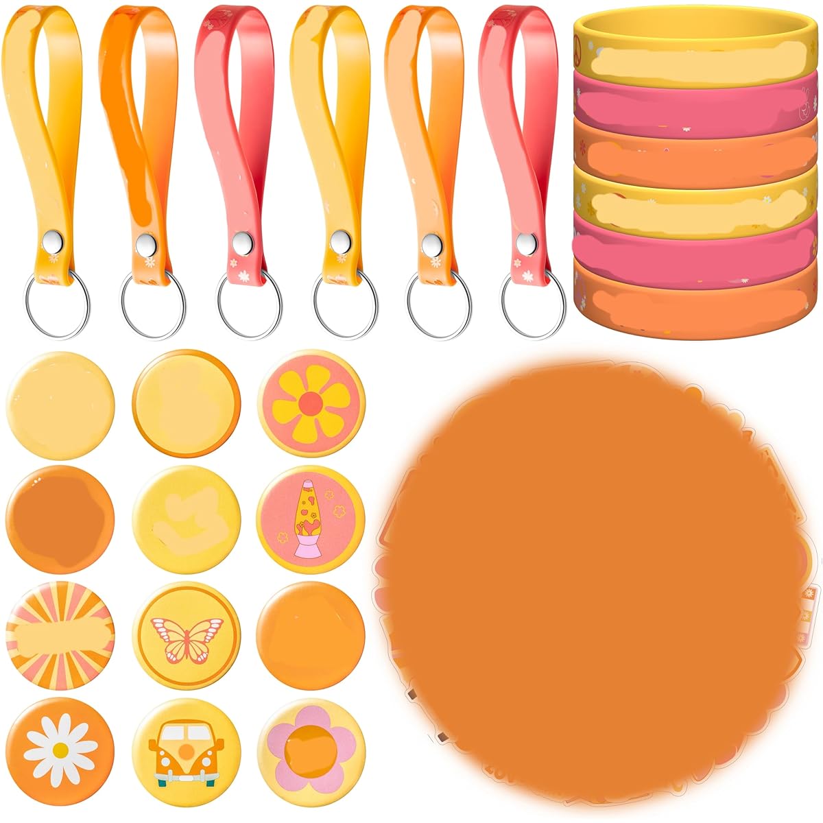 A1diee 75 Pieces Groovy Retro Hippie Boho Party Favors Kit - Silicone Wristbands, Keychains, Badges, Stickers Party Supplies 60s Hippie Daisy Rainbow Theme for Girls Teens Kids Women Birthday Party Baby Shower