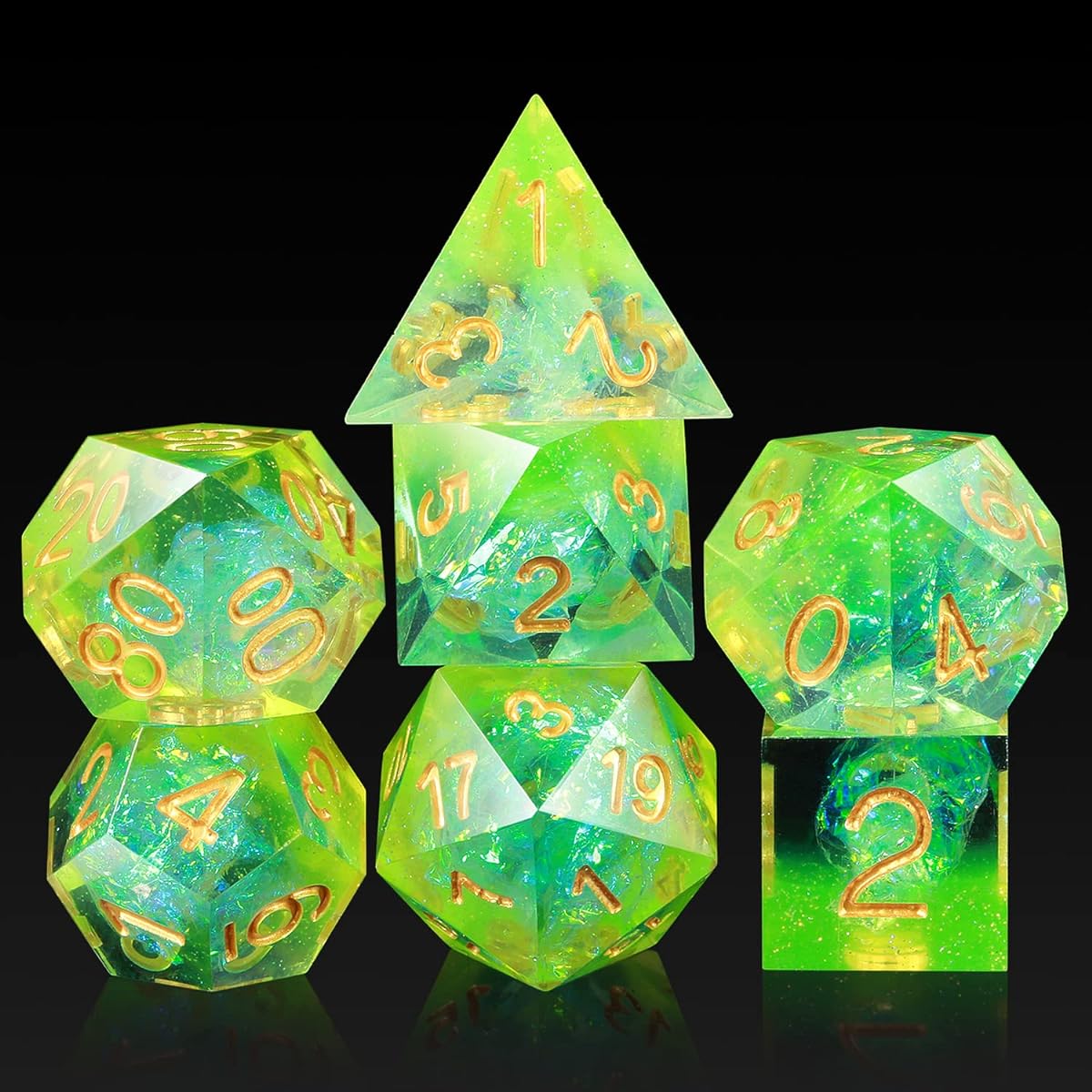 DND Sharp Dice DND Resin Sharp Edge 7 D&D Dice with Luxury Gift Case for Dungeons & Dragons Green and Clear with Gold Numbers