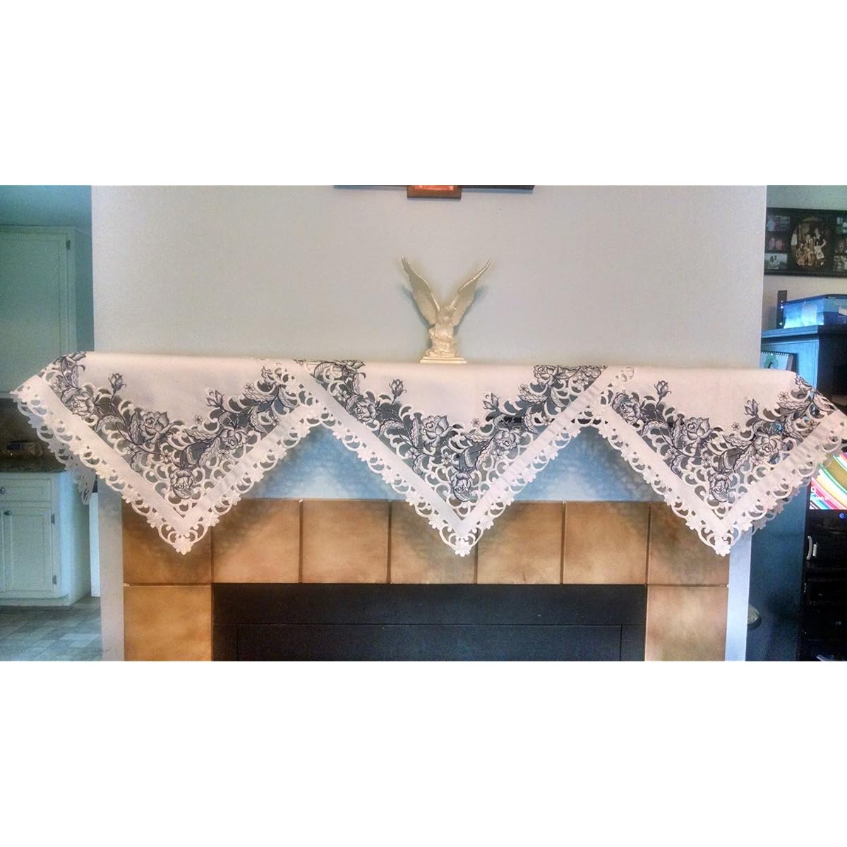 Doily Boutique Fireplace Mantle Runner with Blue Roses, White Material, Handmade, Size 84 x 27 Inches