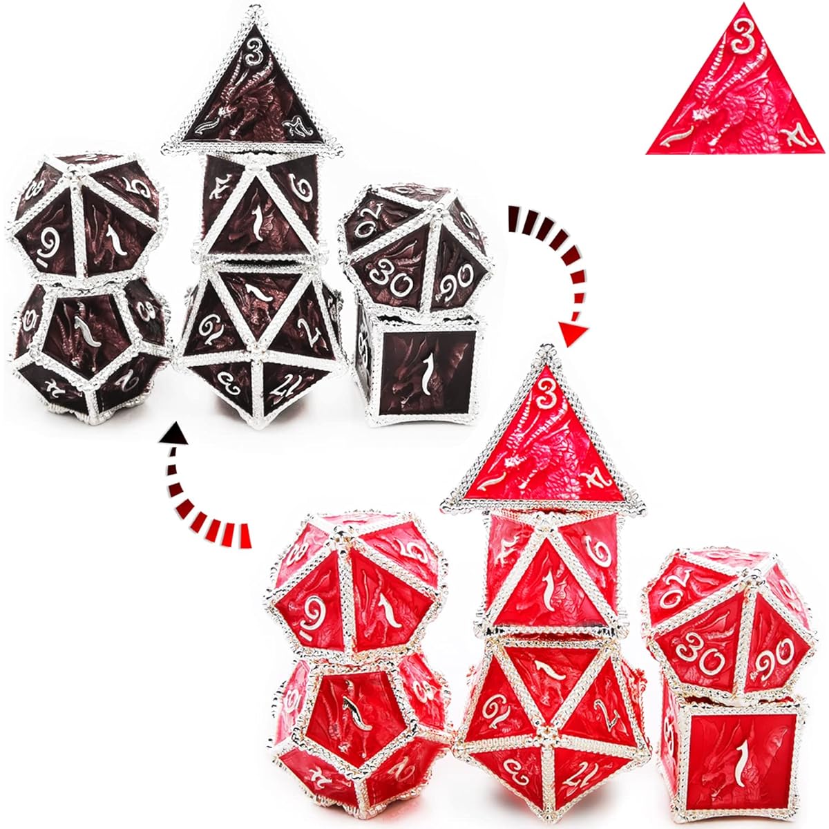 HAOMEJA Color Changing Dice Metal Dragon Dice DND Dice Set D&D Dice Set Role Playing Dice for Dungeons and Dragons (Black to Red)