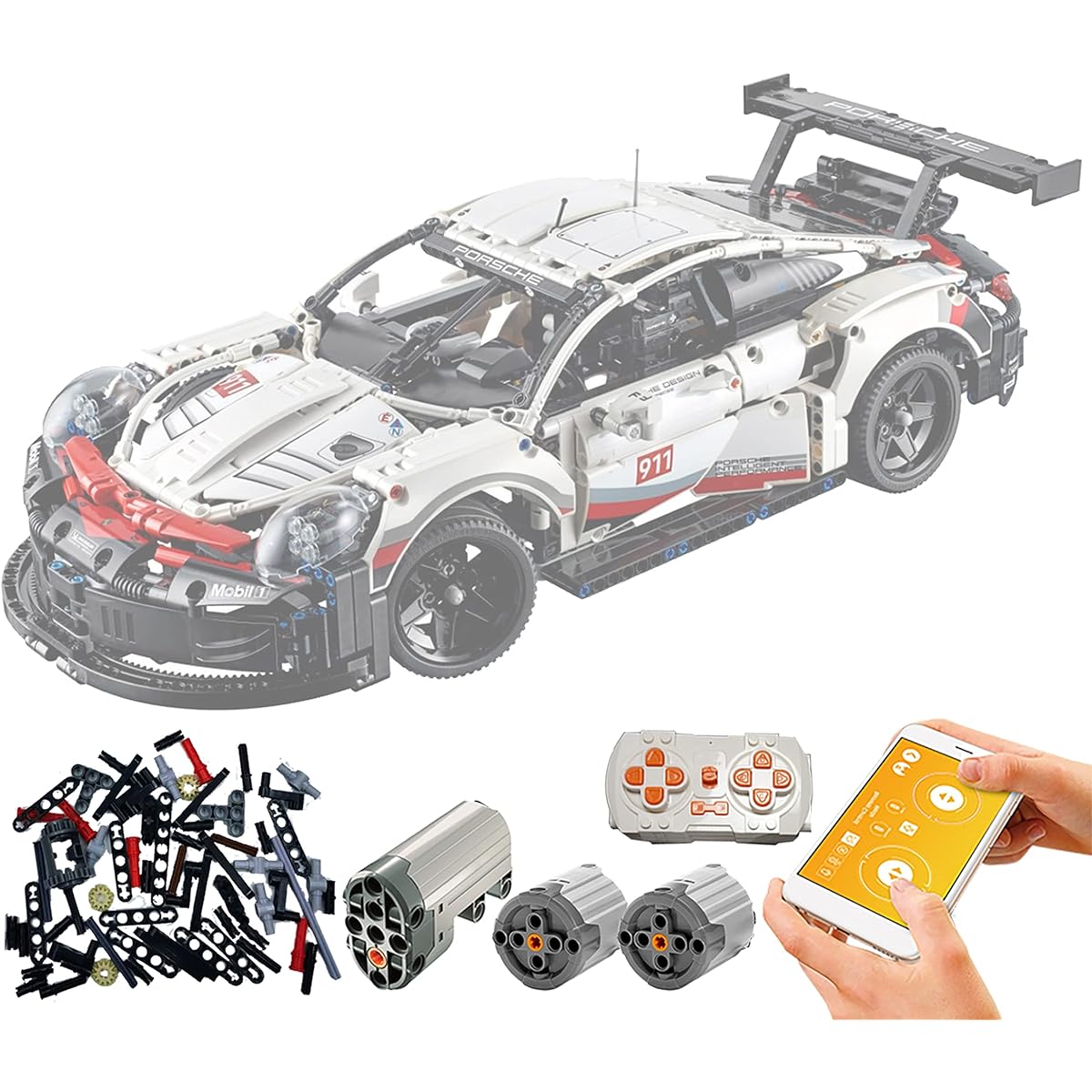 Electric driving modification kit compatible with Lego Technic Porsche 911 RSR 42096 model can be controlled by remote control or mobile app. Evolve your Lego bricks into an automatic car (not a Lego toy, just modified parts)