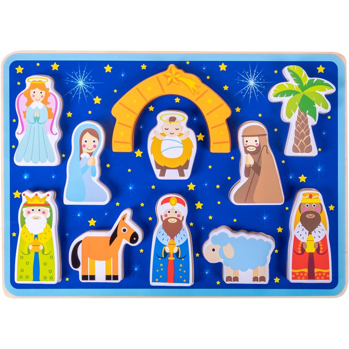 Piece on Earth Nativity Puzzle Board Children's 11 pc. Chunky Wooden Inset Shapes First Christmas, New Testament Christian Bible Story Toy for Advent, Religious Holidays, and Learning