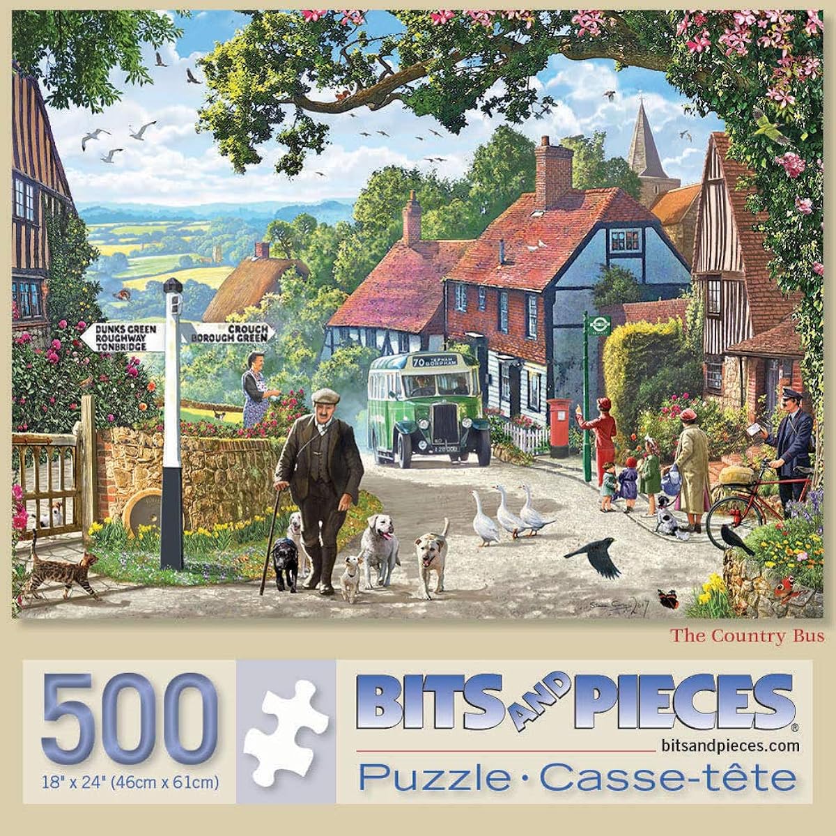 Bits and Pieces Jigsaw Puzzle 500 Pieces for Adults 18" x 24" Country Bus 500 Piece Small Town in the English Countryside Artist: Steve Crisp