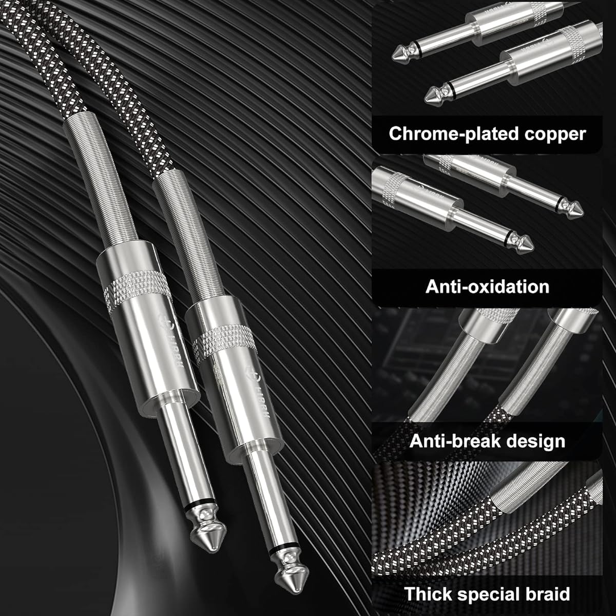 6.35mm to 6.35mm Stereo Audio Cable, FIBBR Straight 1/4" TS Audio Guitar Plug-in, Nylon Braided for Electric Guitar, Bass, Amplifier, Mixer, Keyboard, Speaker (10M, 4)