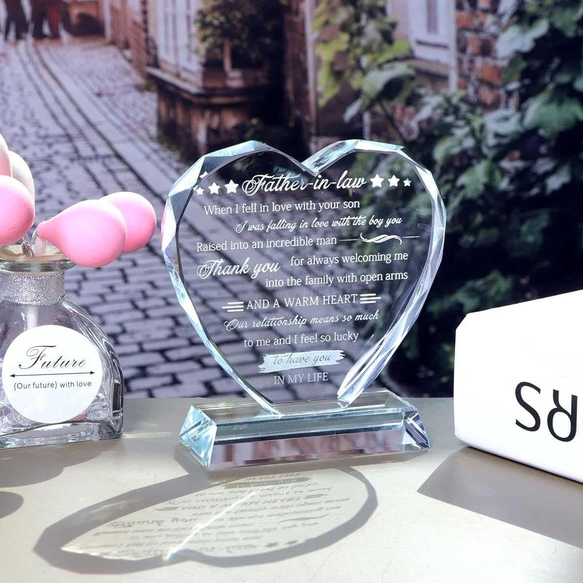 Movdyka Crystal Father's Day Gifts Sentimental, Laser Engraved Heart Shape Birthday Gift for Father in Law Unique