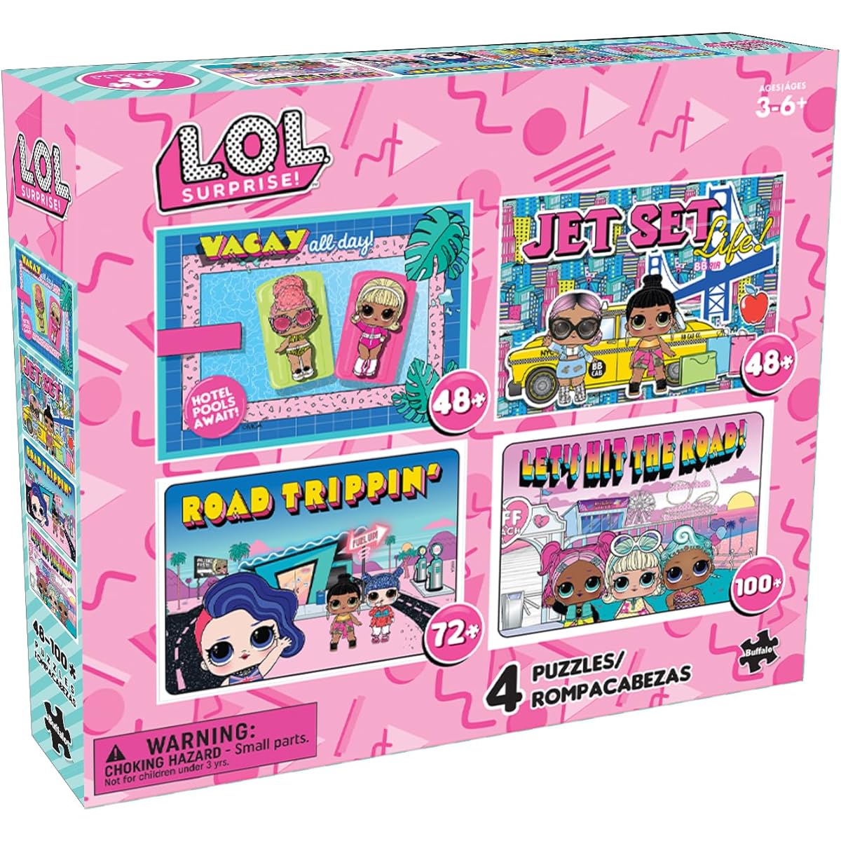 Buffalo Games - L.O.L Surprise! - Travel - 4 in 1 Jigsaw Puzzle Multipack for Kids - Great for Family Time - (2) 48 Pieces - (1) 72 Pieces - (1) 100 Pieces - Finished Puzzle Size 15" x 11"