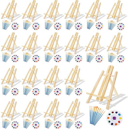 240 Piece Mini Painting Set with Easel, 20 Wooden Paint Easels, 200 Oil Paint Brushes, Nylon Brush Heads, 20 Palettes, Painting Set, Bite Paint, Party Supplies for Adults, Kids, Artists