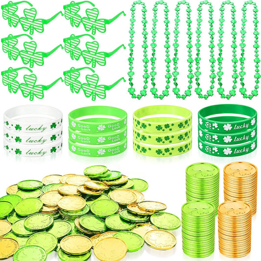 96pc St. Patrick's Day Party Favors Set - 6 Shamrock Shutter Glasses, 6 Green St. Patrick's Day Necklaces, 12 Wristbands, 72 Coins for Kids Irish St. Patrick's Day Accessories Decorations