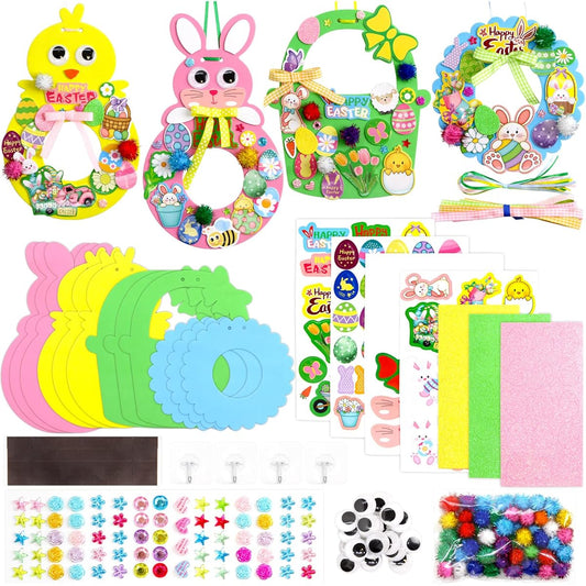 12 Sets Easter Bunny Chick Basket Wreath Paper Foam Craft Kits for Kids DIY Art Rabbit Craft Set Preschool Home Classroom Fun Game Activities
