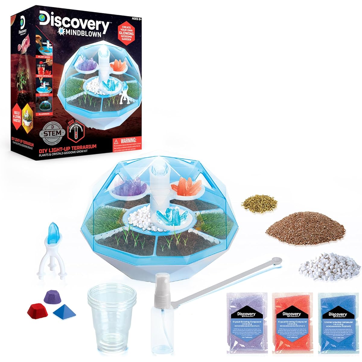 Discovery™ #Mindblown DIY Light Up LED Terrarium - Plant & Crystal Geodome Grow Kit with 3 Colorful Crystal Formations, Rye Grass, Educational STEM Activity Set, Indoor Science Experiment, Chemistry Gifts