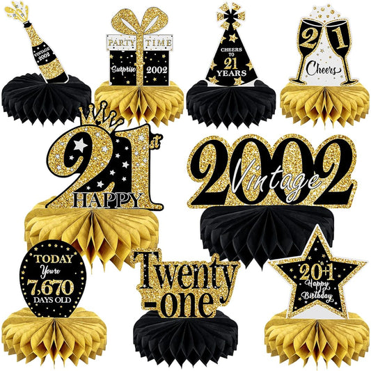 9pcs 21st Birthday Decorations, Happy 21st Party Decorations, His and Her 21st Honeycomb Centerpieces Table Decorations, Cheers to 2002 Party Supplies, Black Gold 21st Table Signs Decor