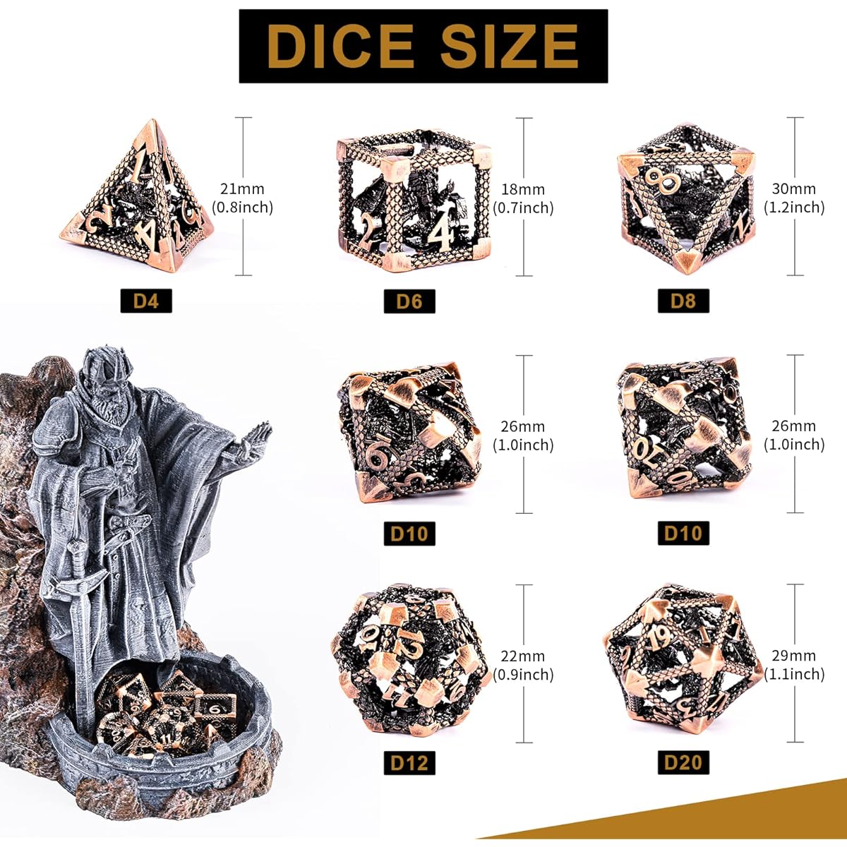 Metal DND Dice Set D&D Dice Polyhedral Dice Set Dungeons and Dragons Dice Gifts Hollow Polyhedral D and D Dice RPG MTG Table Board Game Pathfinder Shadowrun (Bronze 3D Dragon)