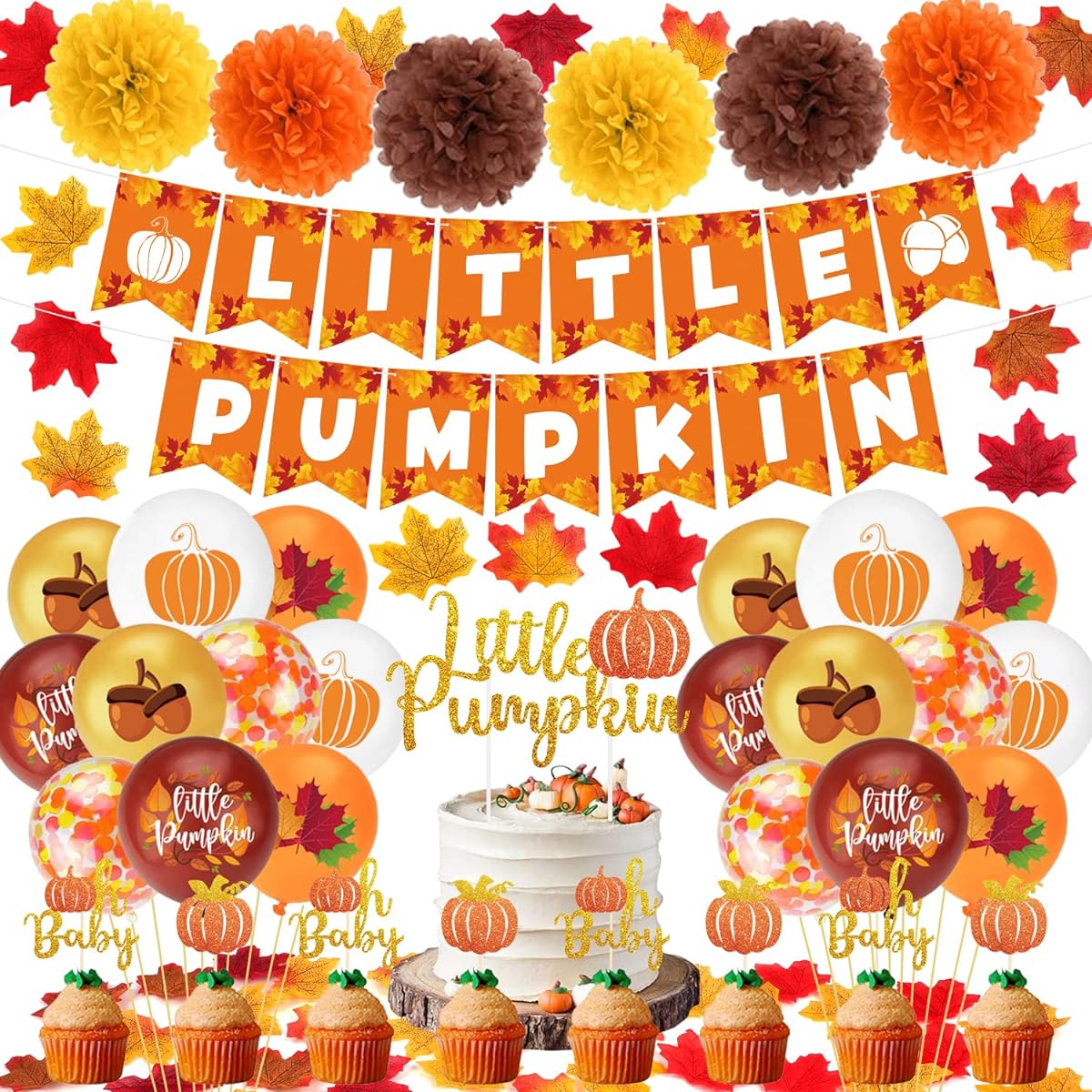 152pcs Little Pumpkin Baby Shower Decorations, Small Pumpkin Banner, Pumpkin Cake Topper, Paper Pom Poms, Latex Balloons, Fall Theme Baby Shower Party Supplies