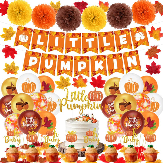 152pcs Little Pumpkin Baby Shower Decorations, Small Pumpkin Banner, Pumpkin Cake Topper, Paper Pom Poms, Latex Balloons, Fall Theme Baby Shower Party Supplies