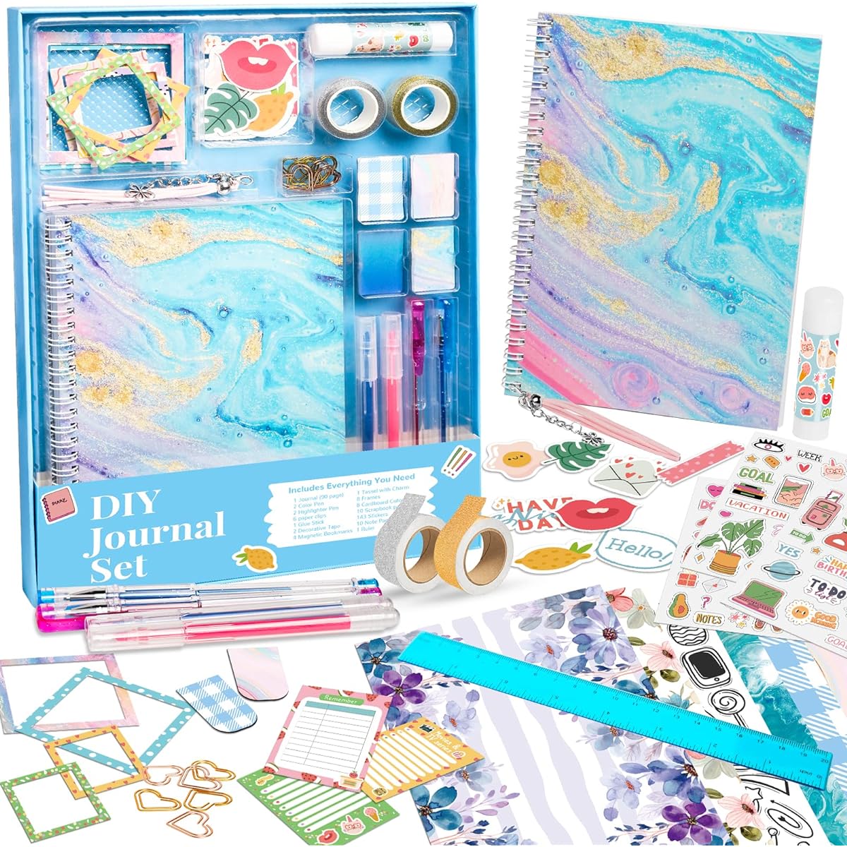 Gifts for Girls Ages 8 9 10 11 12 13+ DIY Journal Set, Personalized Diary for Tweens and Teens, Decorate Your Planner/Organizer, Journaling Arts and Crafts Kit, Ideal Girls Toys (Blue)