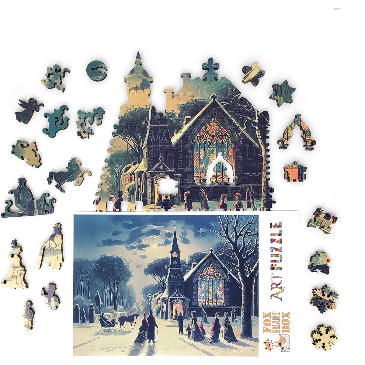 FoxSmartBox Wooden Jigsaw Puzzle for Adults - Uniquely Shaped Pieces - Made in the USA - 200 Piece Christmas Eve