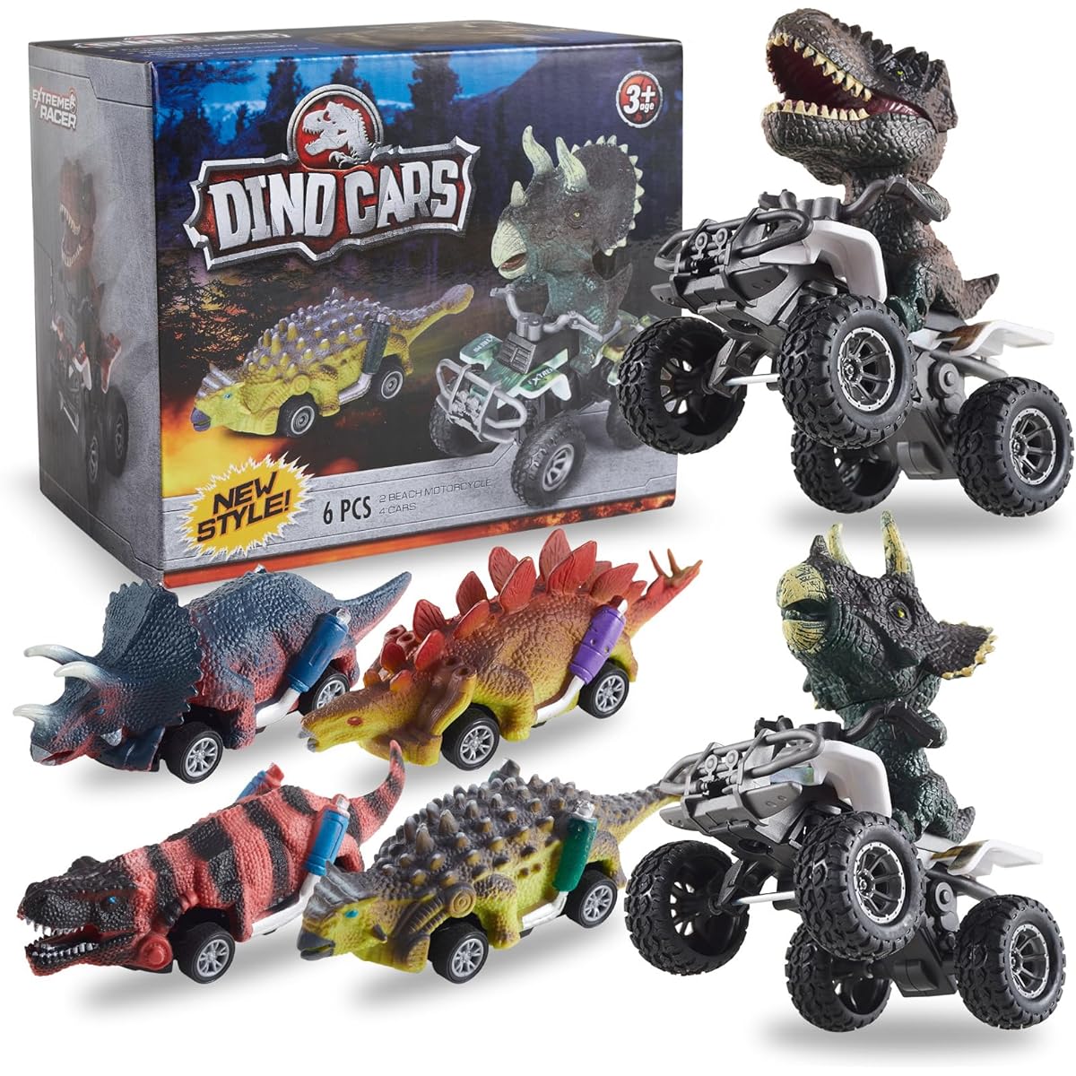 RabvPerce Pull Back Dinosaur Car Toy Inertia Bike 6 Pack Gift Birthday Christmas Celebration 3 4 5 6 7 8+ Kids