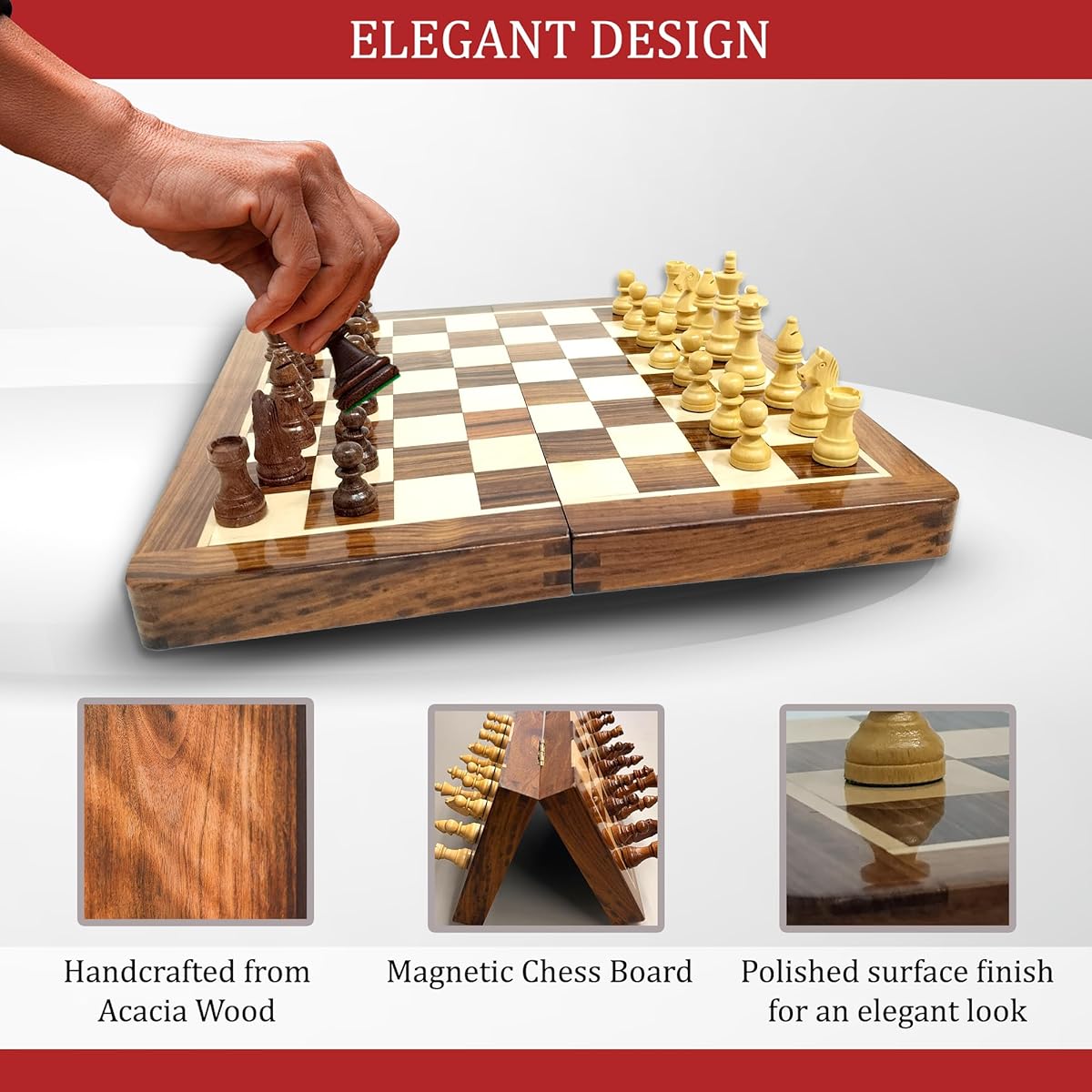 Handmade Wooden Foldable Chess Board Set with Magnets 12"