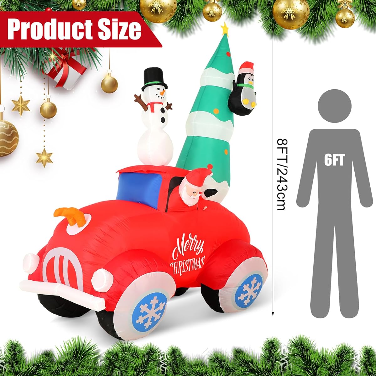 Sotiff 8ft Inflatable Santa Claus Truck Outdoor Decorations Blow Up Christmas Tree Yard LED Decorations with Snowman, Penguin, Red Truck with Built-in LEDs for Christmas Winter Holiday Patio Garden Lawn
