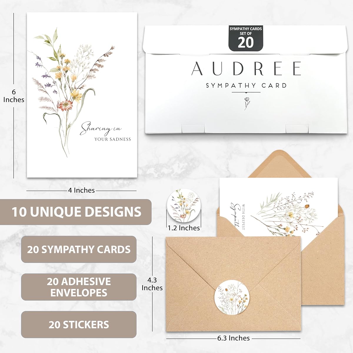 AUDREE Sympathy Cards Flower Cluster - 20 Sympathy Card Set with Envelopes and Stickers