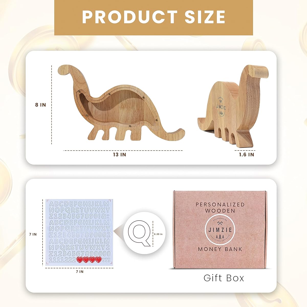 JIMZIE Wooden Dinosaur Money Box - Personalized Wooden Piggy Bank with Clear Window - Piggy Bank for Boys - Piggy Bank for Girls - Coin Bank Ideal Gift for Kids, Adults, Friends
