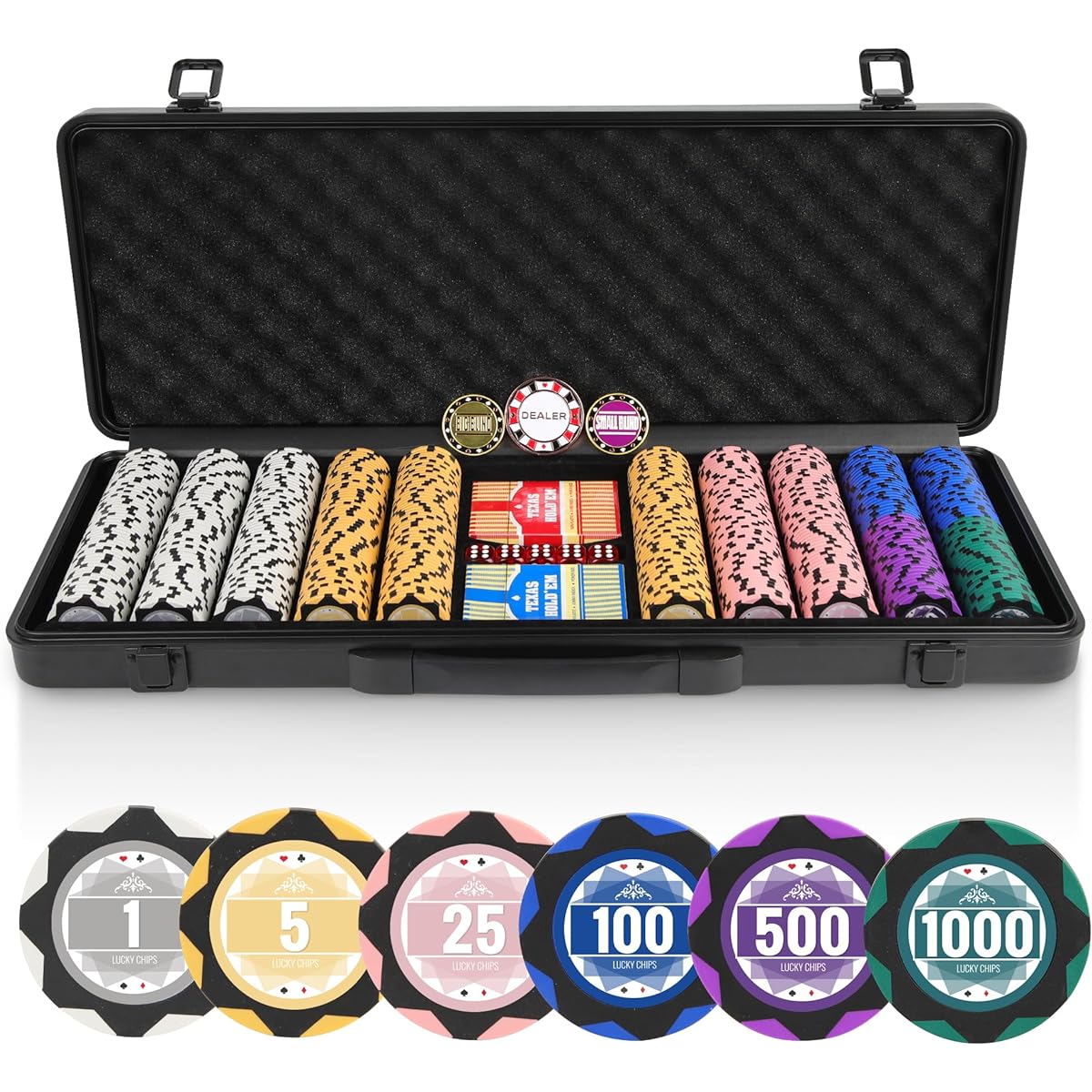 ORIENGEAR 500 Piece Professional Poker Set with 14 Gram Numbered Clay Chips, Texas Hold'em Casino Chip Set with Key & 2 Decks of Plastic Playing Cards for Blackjack Gambling Game, ABS Carry Case