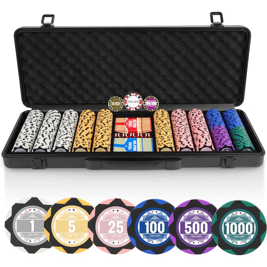 ORIENGEAR 500 Piece Professional Poker Set with 14 Gram Numbered Clay Chips, Texas Hold'em Casino Chip Set with Key & 2 Decks of Plastic Playing Cards for Blackjack Gambling Game, ABS Carry Case