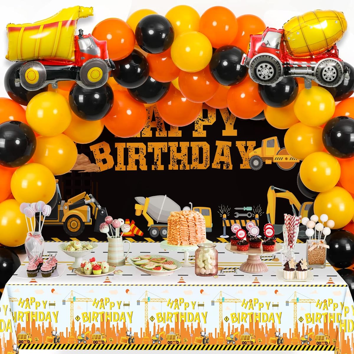 Construction Birthday Party Decorations Set Dump Truck Happy Birthday Supplies Include Construction Backdrop, Table Cover, Latex Balloons, Truck Mixer Foil Balloons for Party Decorations