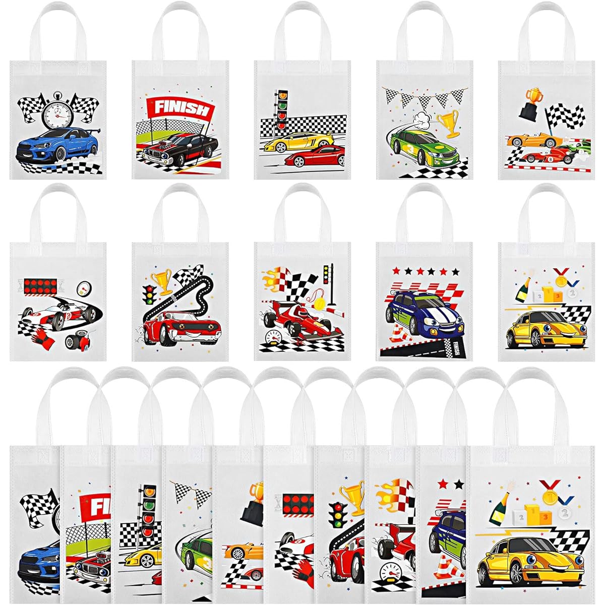 Race Car Party Gift Bags, Race Car Birthday Party Supplies, Race Car Party Favors, Racing Candy Treat Bags with Handles, Car Theme Birthday Christmas Party Decorations, 10 Styles (White) 30 Count