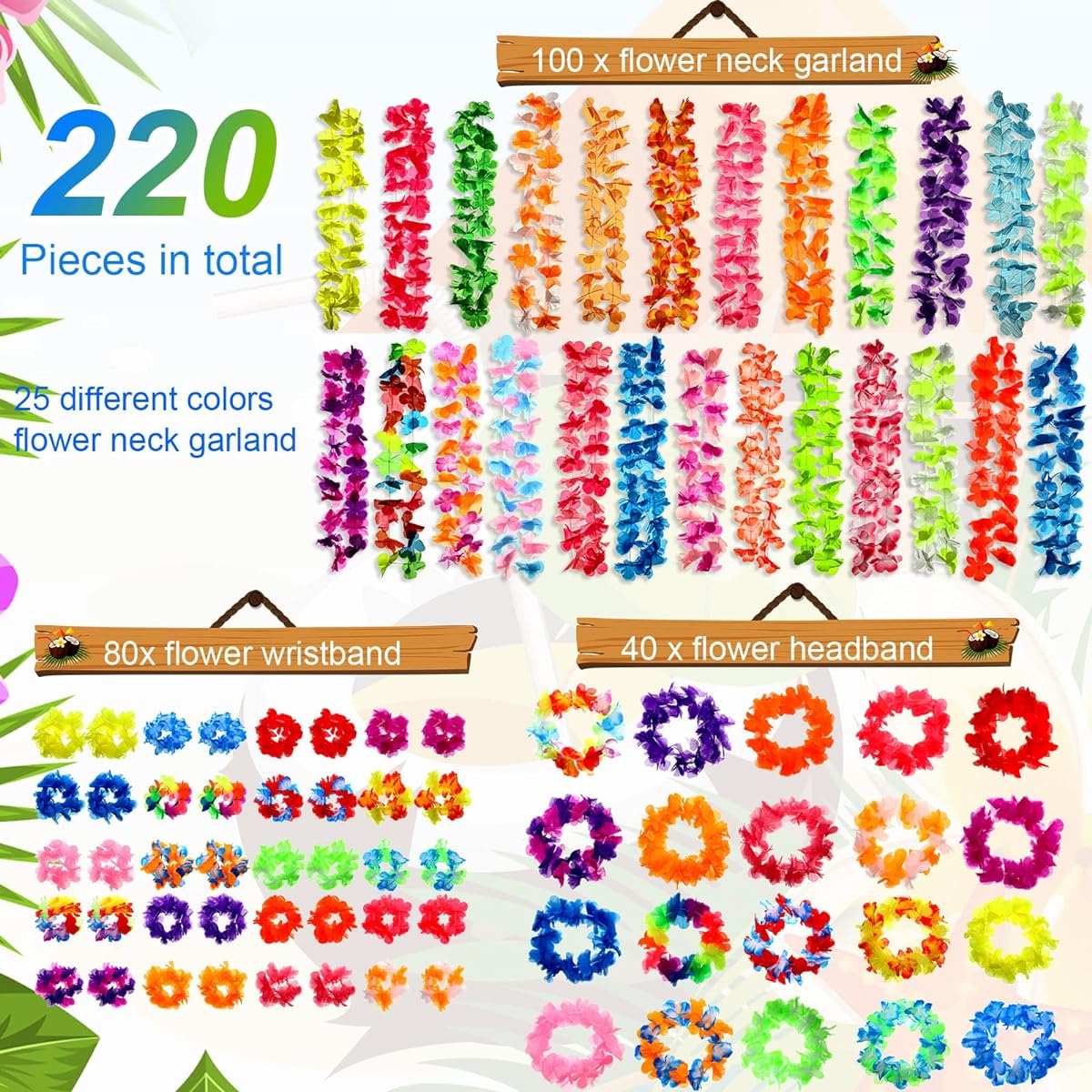 Hawaiian Lei Hawaiian Party Decorations 220 Pieces Flower Necklaces 100 Pieces Flower Leis 40 Pieces Headbands 80 Pieces Wristbands Tropical Theme Party Luau Party Favors