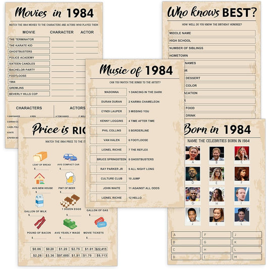 40th Birthday Party Games Born in 1984 Game Set 5 Activities 10 Guests Birthday Party Supplies for Adults 50 Pack