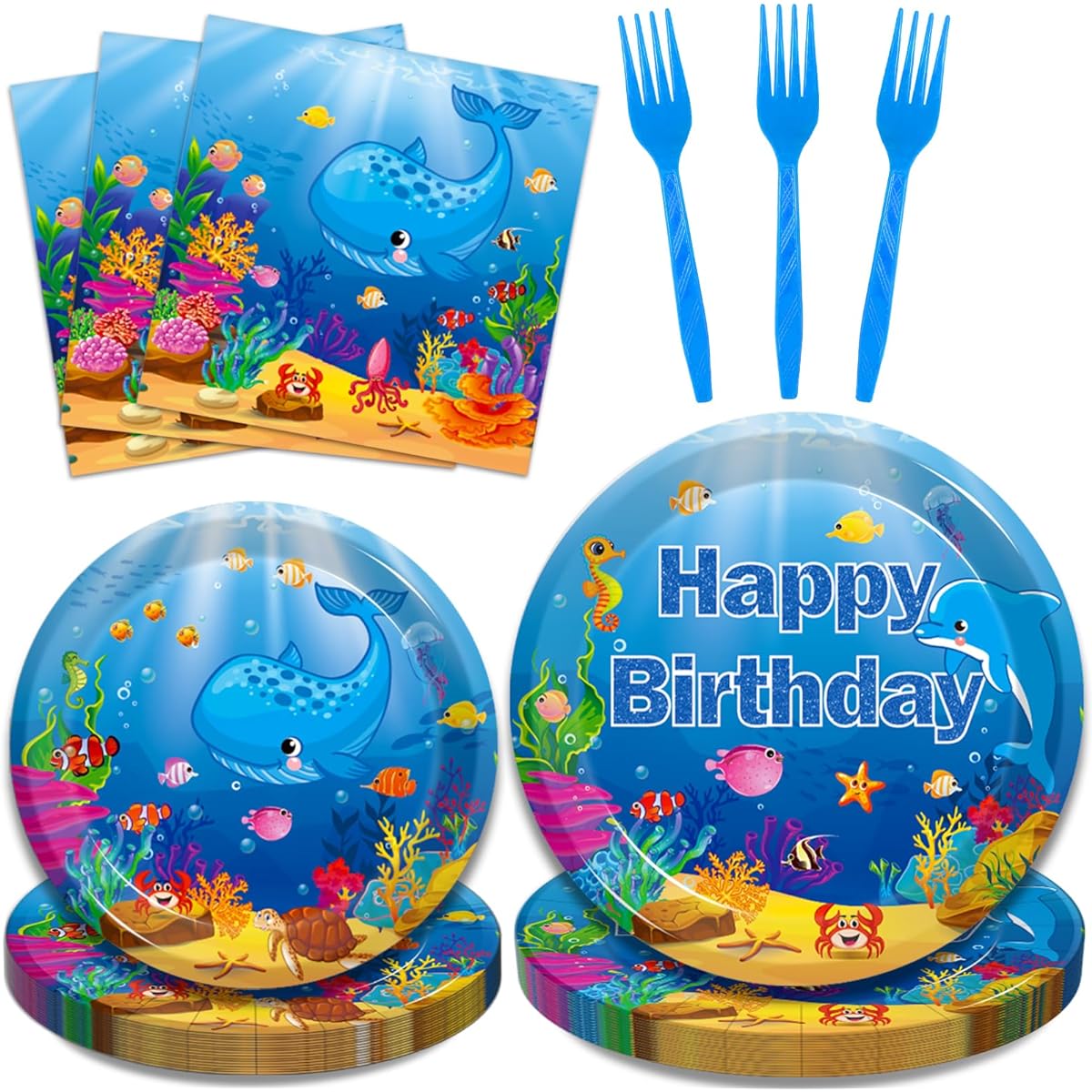 Kepeel Undersea Party Decorations Sea Creatures Birthday Party Supplies Plates Napkins Underwater World Creatures Whale Dolphin Fish Coral Reef Disposable Paper Decorations for 24 Guests 96 Pieces