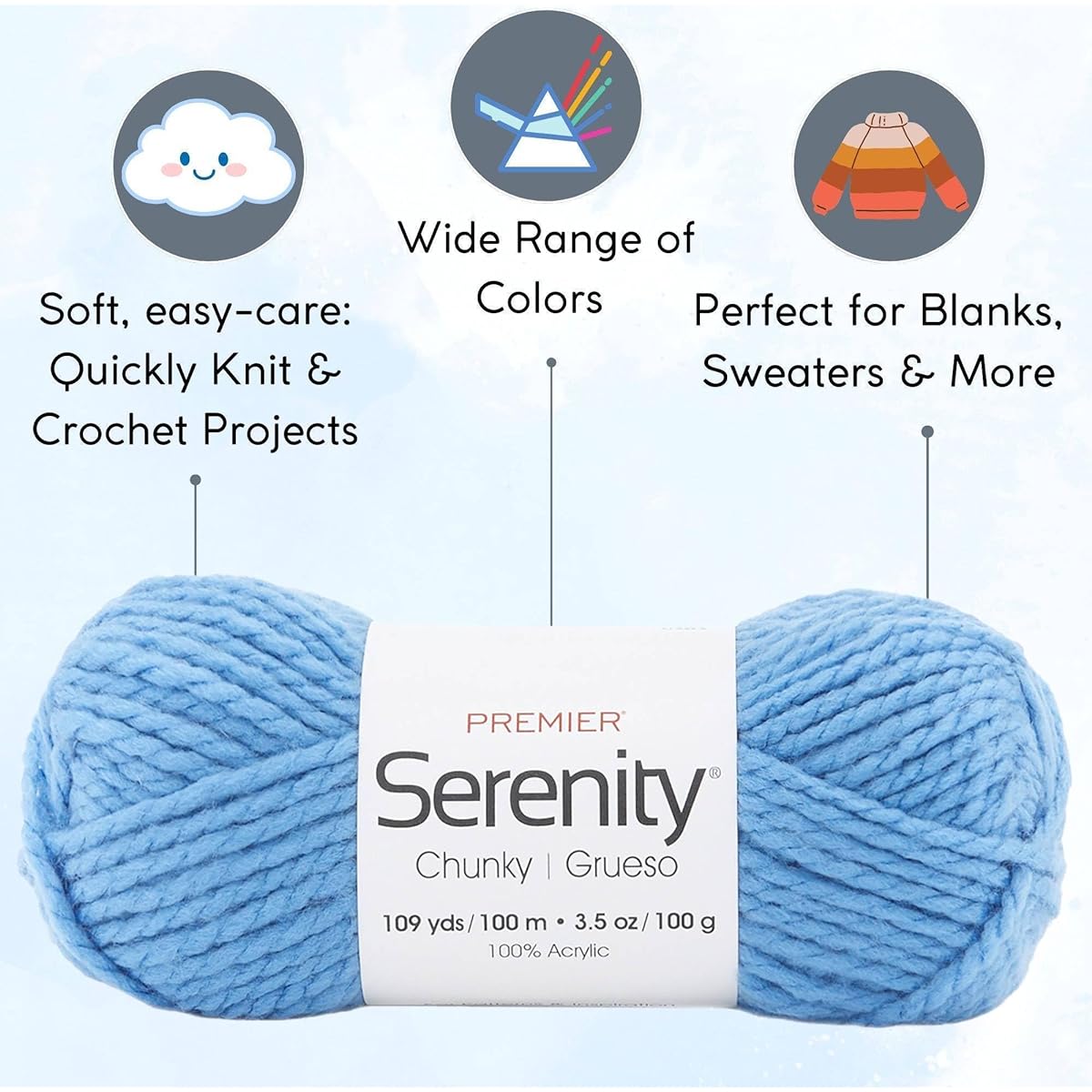 Premier Yarns Premier Serenity Chunky Solid Blue Sky 700-46 (6 Skeins) Same Dye Lot Chunky Bulky #5 Soft Knitting Yarn 100% Acrylic Bundle with 1 Artsiga Kraft Bag