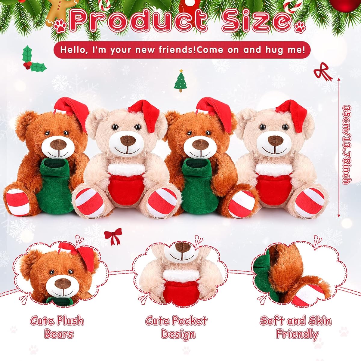 Civaner 4 Pack 14" Christmas Bear Plush Toys Cute Soft Bears Bulk Buy for Girls Boys Girlfriends (Light Brown, Dark Brown, Santa Style)