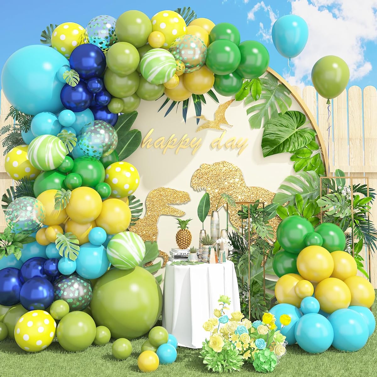 Green Yellow Teal Balloon Garland Arch Kit Lime Green Navy Blue Balloon Arch for Boy Girl Birthday Baby Shower Jungle Safari Dinosaur Theme Party Decorations Supplies
