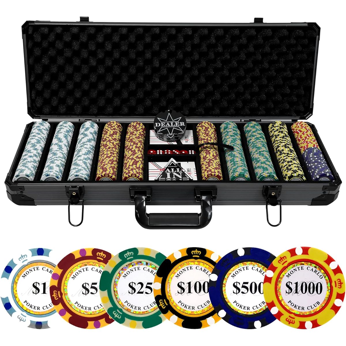 JIESITE Clay Poker Chip Set 14g 500 Poker Chips 39mm High-End Aluminum Carry Case/Plastic Playing Cards/2 Pairs Dealer Button for Poker Game Blackjack Texas Hold'em