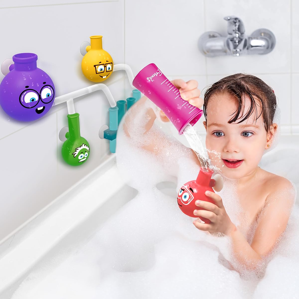 Play Friends Aqualab Animated - Bath Toy for Kids Ages 4-8 - Science Themed Wall Suction Bath Toy - Animated Scientist Figure - Includes Beakers, Flasks, Pipes and Test Tubes