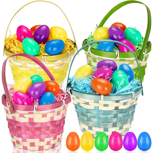 32 Pieces Round Easter Woven Bamboo Baskets with Colored Raffia Glass and Plastic Easter Eggs, Empty Small Easter Baskets with Handles for Kids Baby Picnic Candy Gift Wrapping Party Favors Decoration