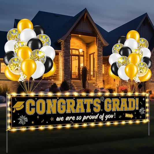 36 Pieces Graduation Banner Balloon Party Decoration 2023 Congratulations on Graduation Graduation Banner Garden Outdoor Decoration Graduation Balloon Banner High School College Graduation Party Supplies Black Gold