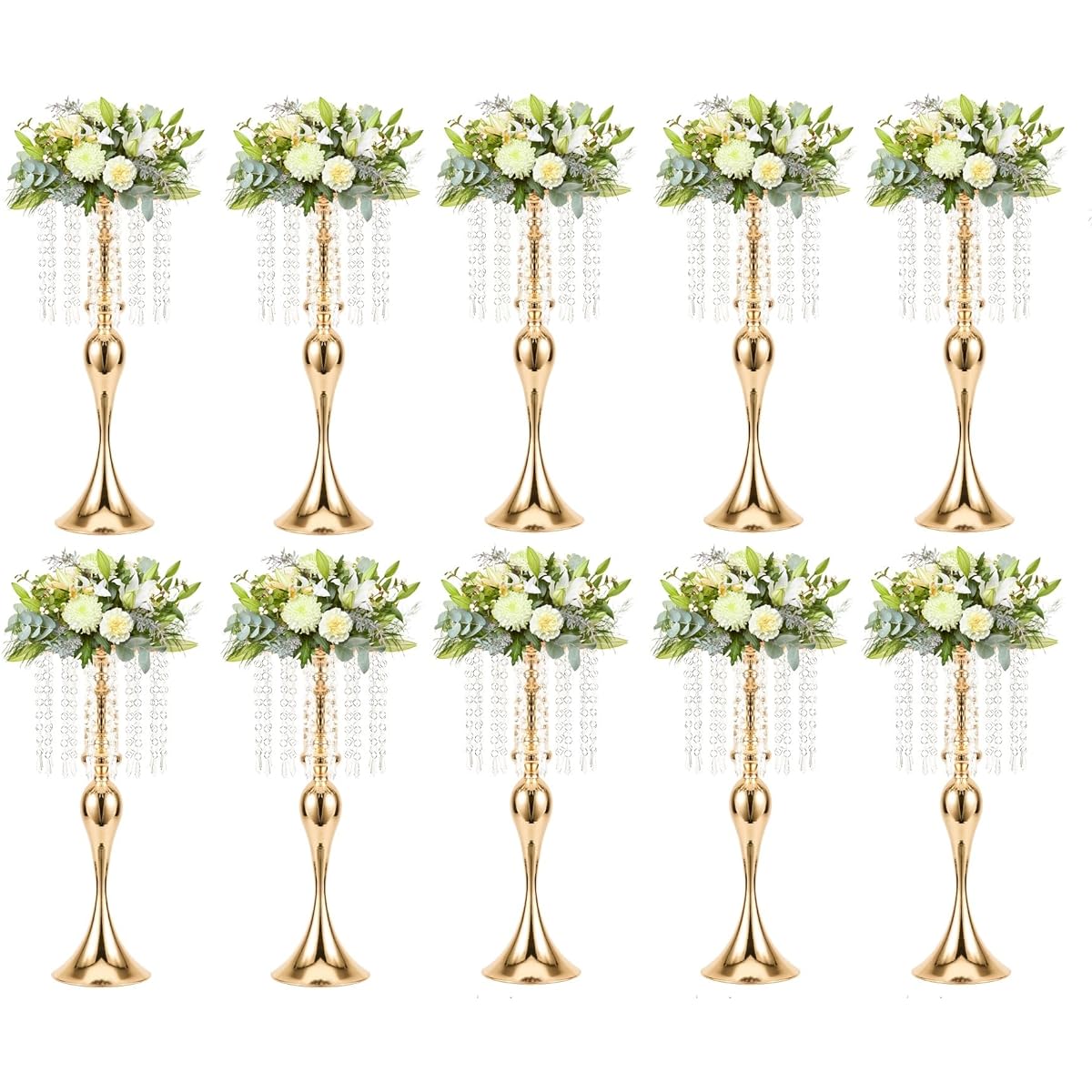 LANLONG 10pcs Crystal Centerpieces for Tables, Gold Flower Stands, Tall Floral Centerpiece Risers for Wedding Reception Table Decoration